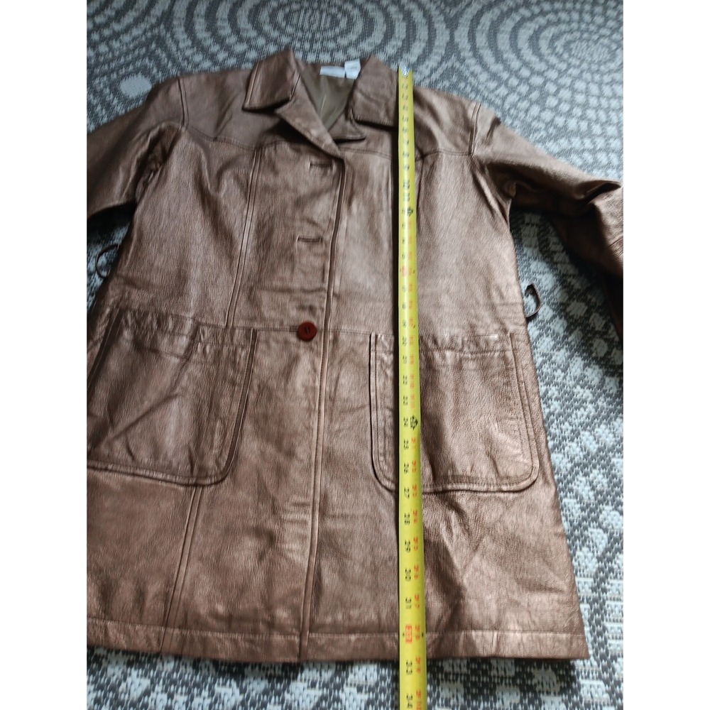 VTG Leather Trench Coat Belted Women Small Metalic Gold Belted‎ Countryside Chic - Picture 10 of 16